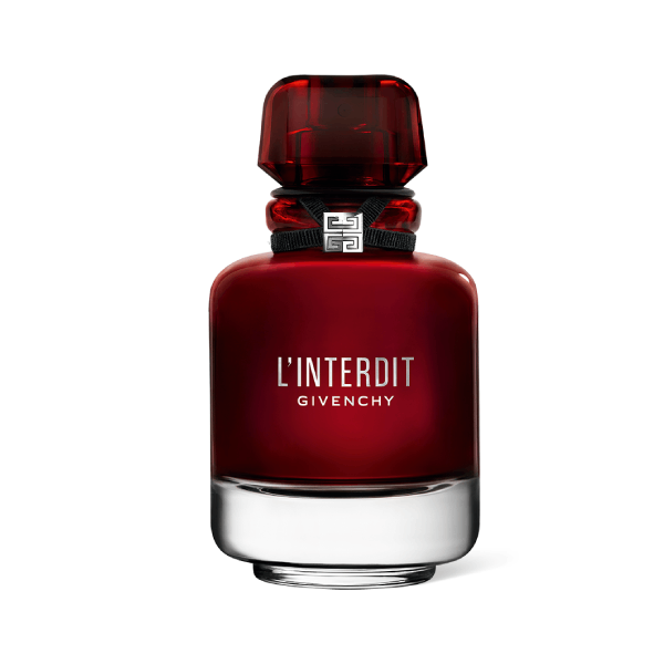 Elegant bottle of Givenchy's L'Interdit perfume against a chic, minimalist background.