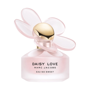 A beautifully designed bottle of Marc Jacobs Daisy Love Eau So Sweet Eau de Toilette adorned with a daisy cap