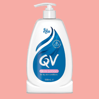 A bottle of QV Skin Lotion, a skincare product abundant in Vitamin E