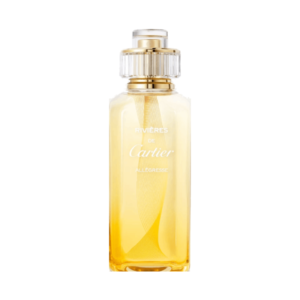 A woman holding a bottle of Rivieres de Cartier Allegresse perfume.