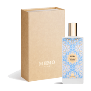 Crystal-clear bottle of Sintra Eau de Parfum, radiating a warm glow against a picturesque backdrop of verdant gardens and ancient stone castles