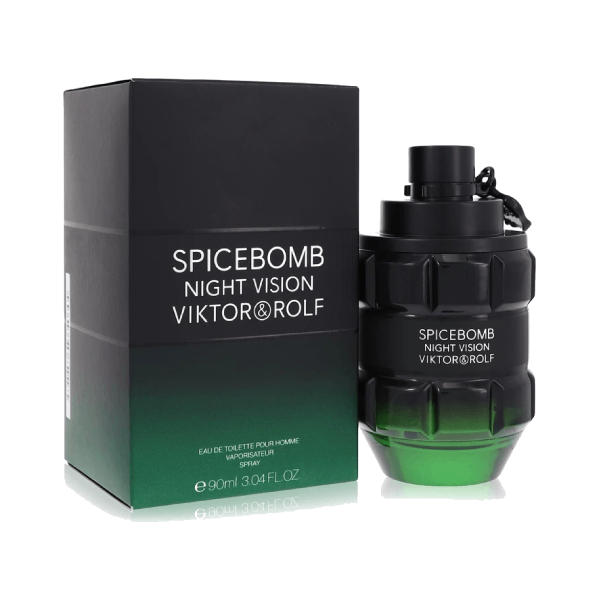 A sleek bottle of Spicebomb Night Vision Cologne - Extremeicebomb Extreme Edition, shimmering under soft light.