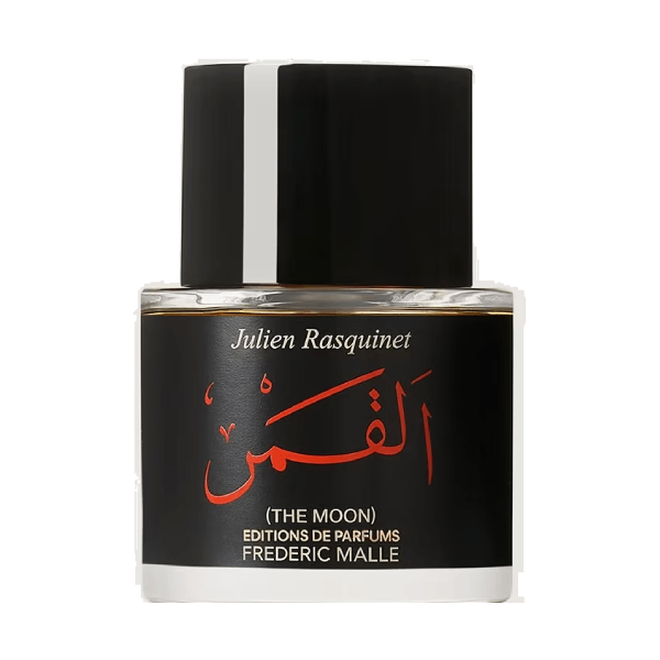 A bottle of Frederic Malle's 'THE MOON' perfume by Julien Rasquinet, signifying luxury and exceptional olfactory experience