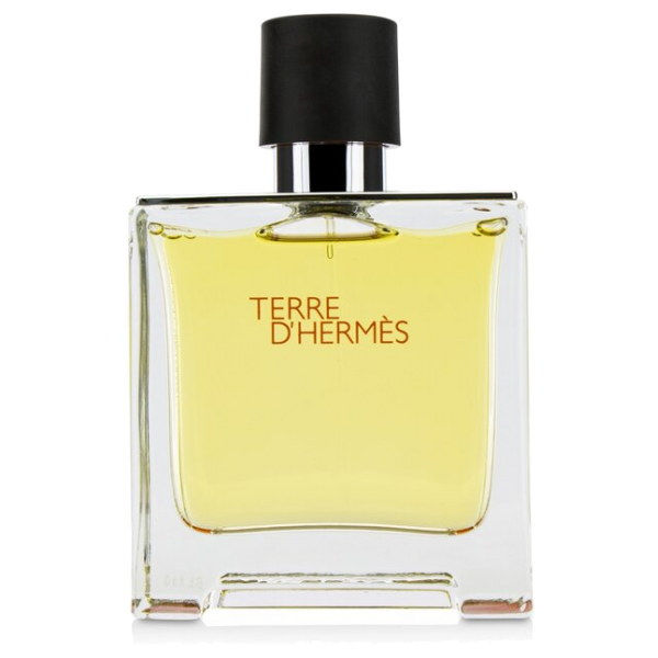 Terre D'Hermès perfume bottle elegantly displayed against a dark background.