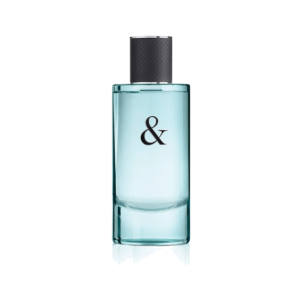 A sleek blue-tinted bottle of Tiffany & Love Eau de Toilette for Him, reflecting understated luxury.