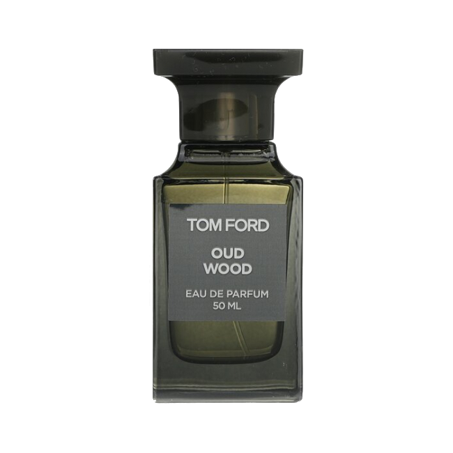 Close-up of Tom Ford Oud Wood perfume bottle against a luxurious backdrop