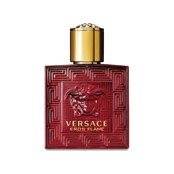 A vibrant red bottle of Versace Eros Flame Eau de Parfum on a dark background, reflecting strength and passion