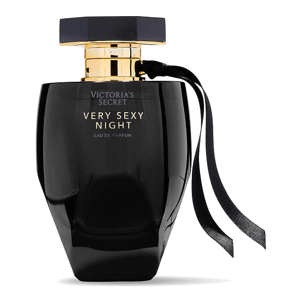 Close-up of a sleek, dark-hued bottle of "Very Sexy Night Eau de Parfum" with subtle starry shimmer reflecting the night's allure.