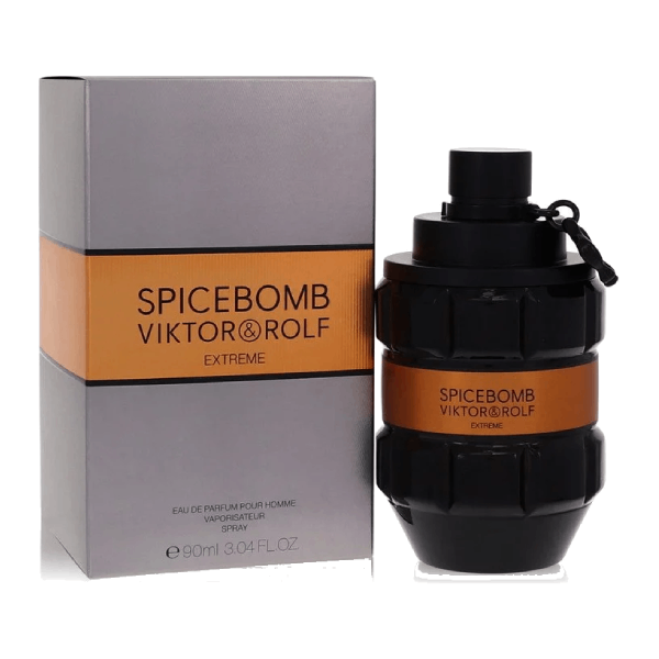 A dark, grenade-shaped bottle of Viktor & Rolf Spicebomb Extreme on a minimalistic backdrop