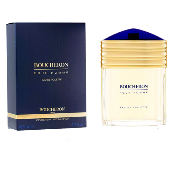 A sleek bottle of Boucheron Pour Homme perfume against a minimalist backdrop, embodying modern masculinity.