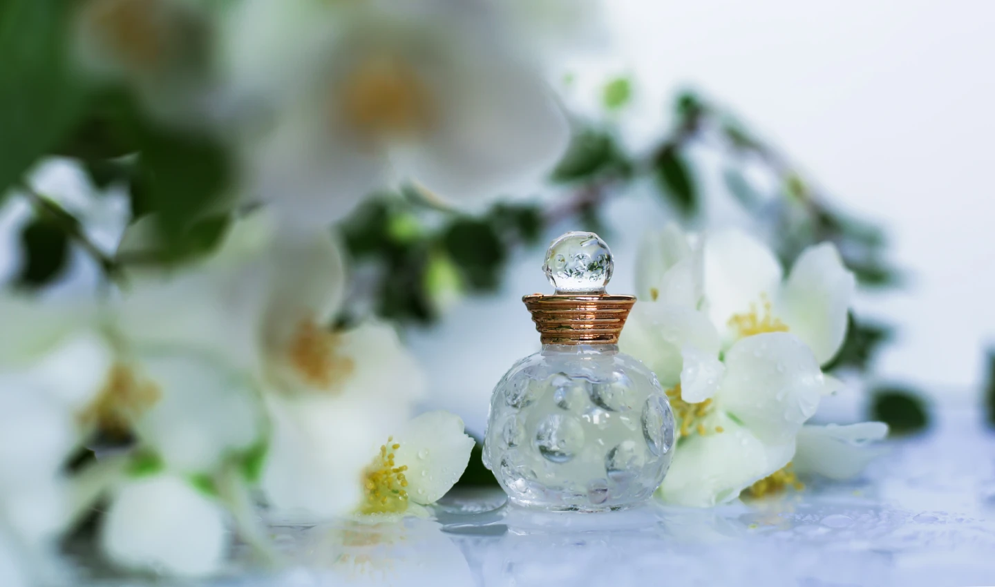 A bottle of artisanal perfume set against a lush natural backdrop, symbolizing the harmony between fragrance notes and nature.