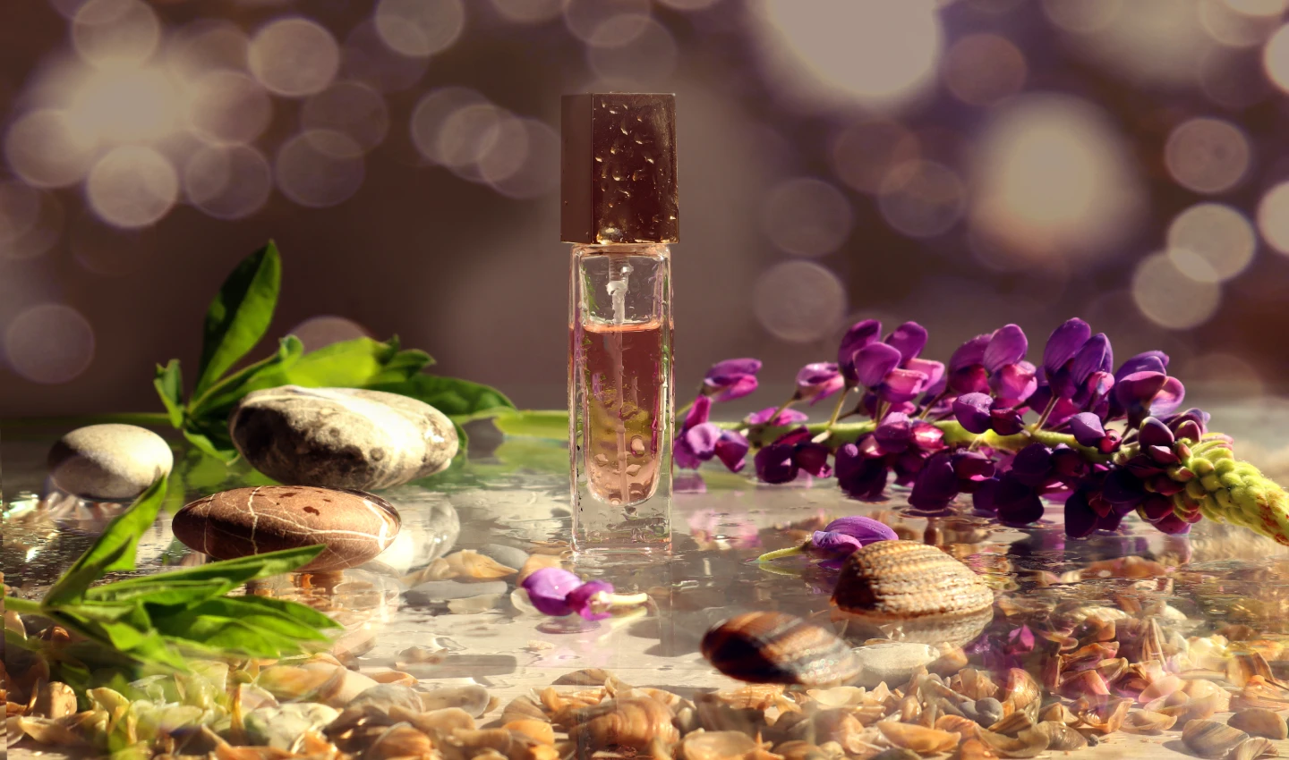 A bottle of perfume set against a natural landscape, symbolizing the use of natural perfume ingredients.