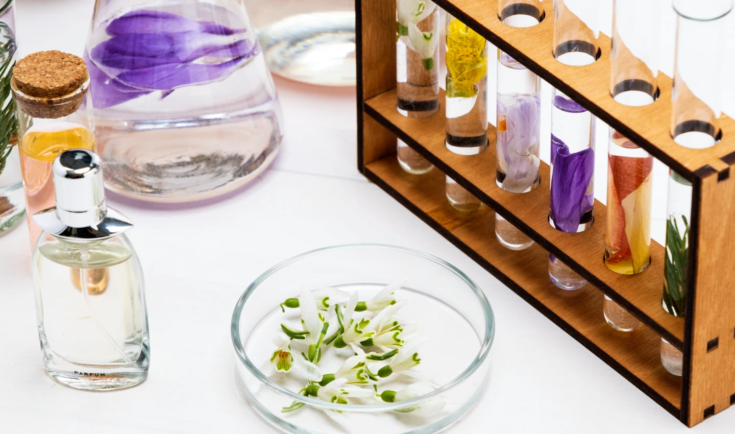 Various synthetic ingredients used in perfume production, illustrating the complexities of creating modern fragrances