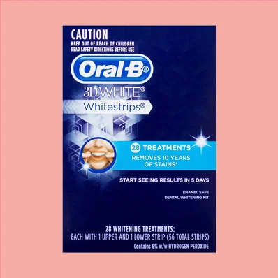 Box of Oral-B 3D White Whitestrips displaying 28 advanced teeth whitening treatments