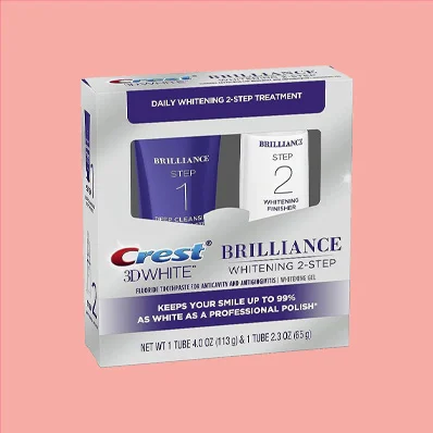 Close-up of Crest 3D White Brilliance Toothpaste, a two-step teeth whitening and deep cleansing system