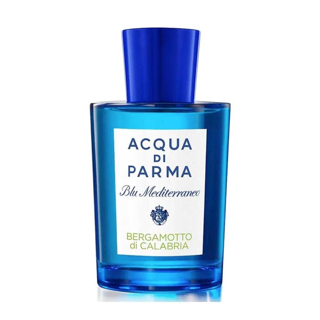Bottle of Acqua di Parma Blu Mediterraneo Bergamotto di Calabria on a stylish backdrop, capturing the essence of luxury Italian fragrances