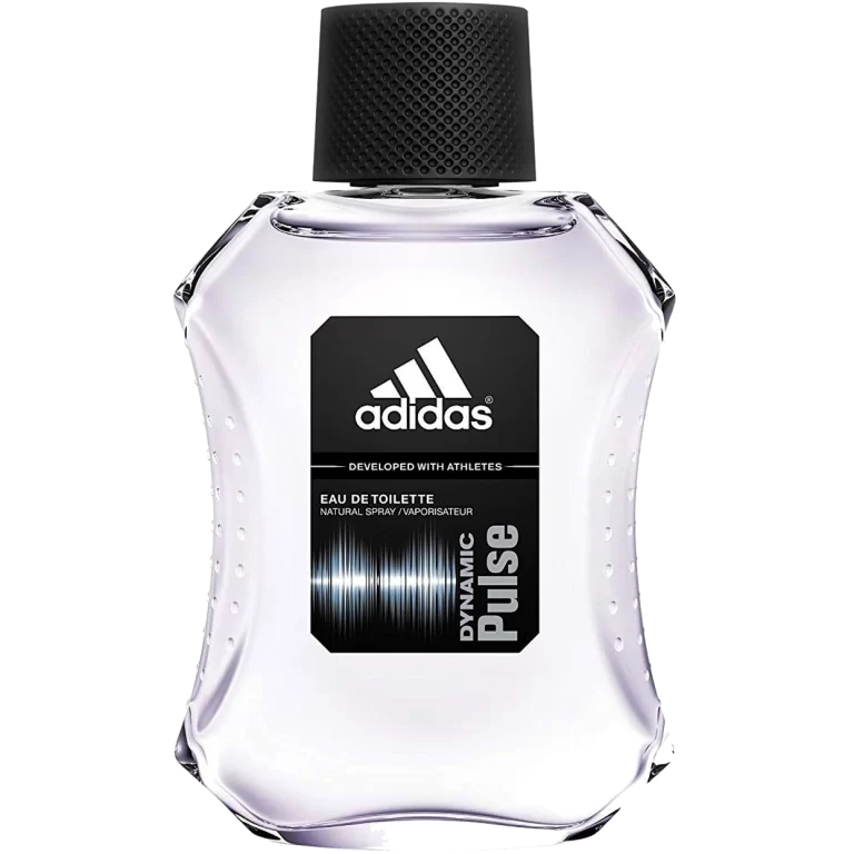 A sleek bottle of Adidas Dynamic Pulse perfume against a modern, minimalist background.