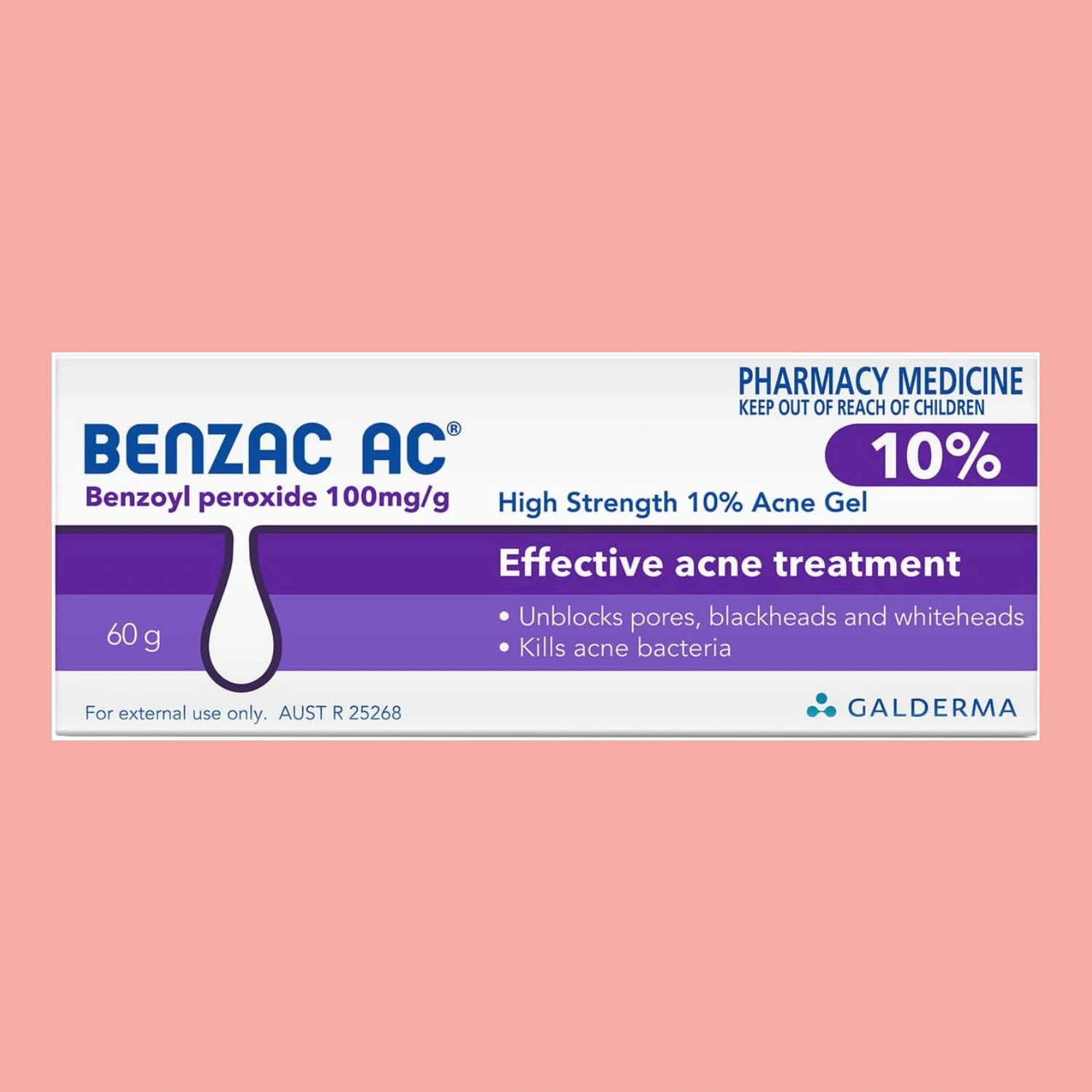 A box of Benzac AC Gel positioned on a pink background