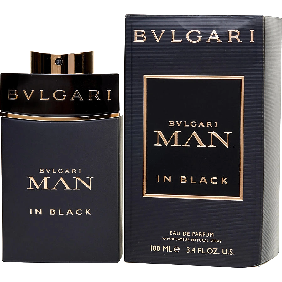 Bvlgari Man in Black perfume bottle with rose gold accents on a dark, elegant background