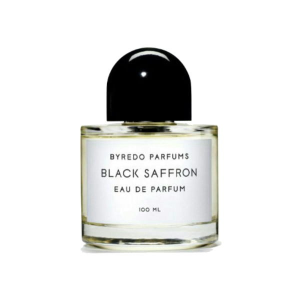 A luxurious bottle of Byredo's Black Saffron perfume on a minimalistic background, capturing its essence as a multi-layered, warm, unisex fragrance.