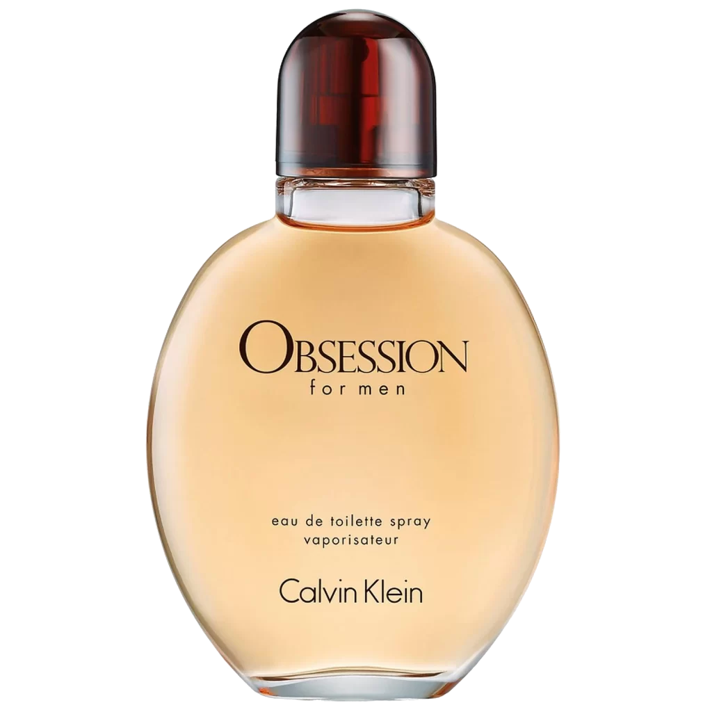 A close-up view of the Calvin Klein Obsession for Men perfume bottle against a minimalist background.