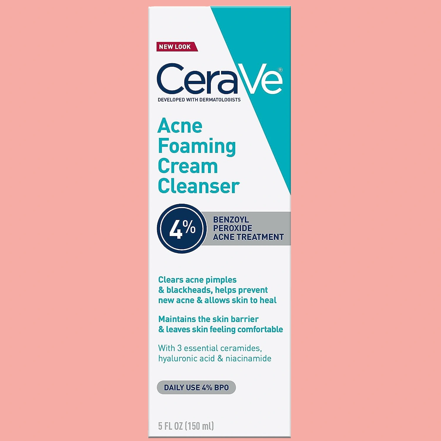A bottle of CeraVe Acne Foaming Cream Cleanser on a pink background