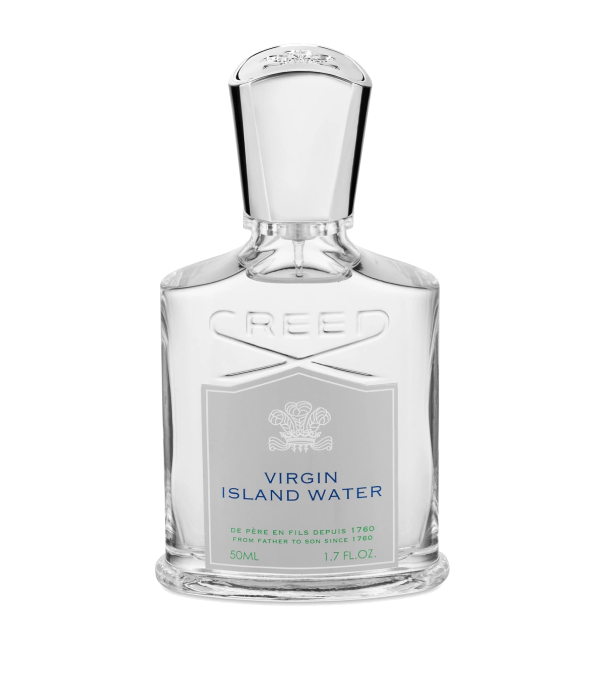 Bottle of Creed's Virgin Island Water perfume against a tropical backdrop