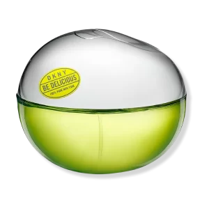 Iconic apple-shaped bottle of DKNY Be Delicious perfume on a minimalist white background.