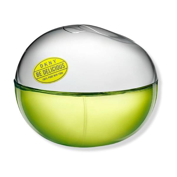 Iconic apple-shaped bottle of DKNY Be Delicious perfume on a minimalist white background.