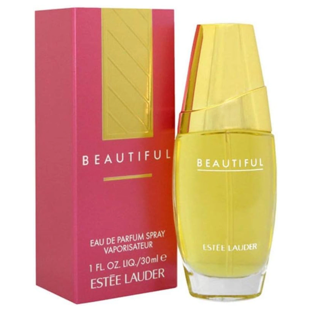 A bottle of Estée Lauder Beautiful perfume against a clean, white background.