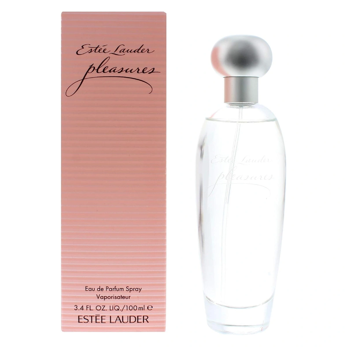 A bottle of Estée Lauder Pleasures perfume against a white background