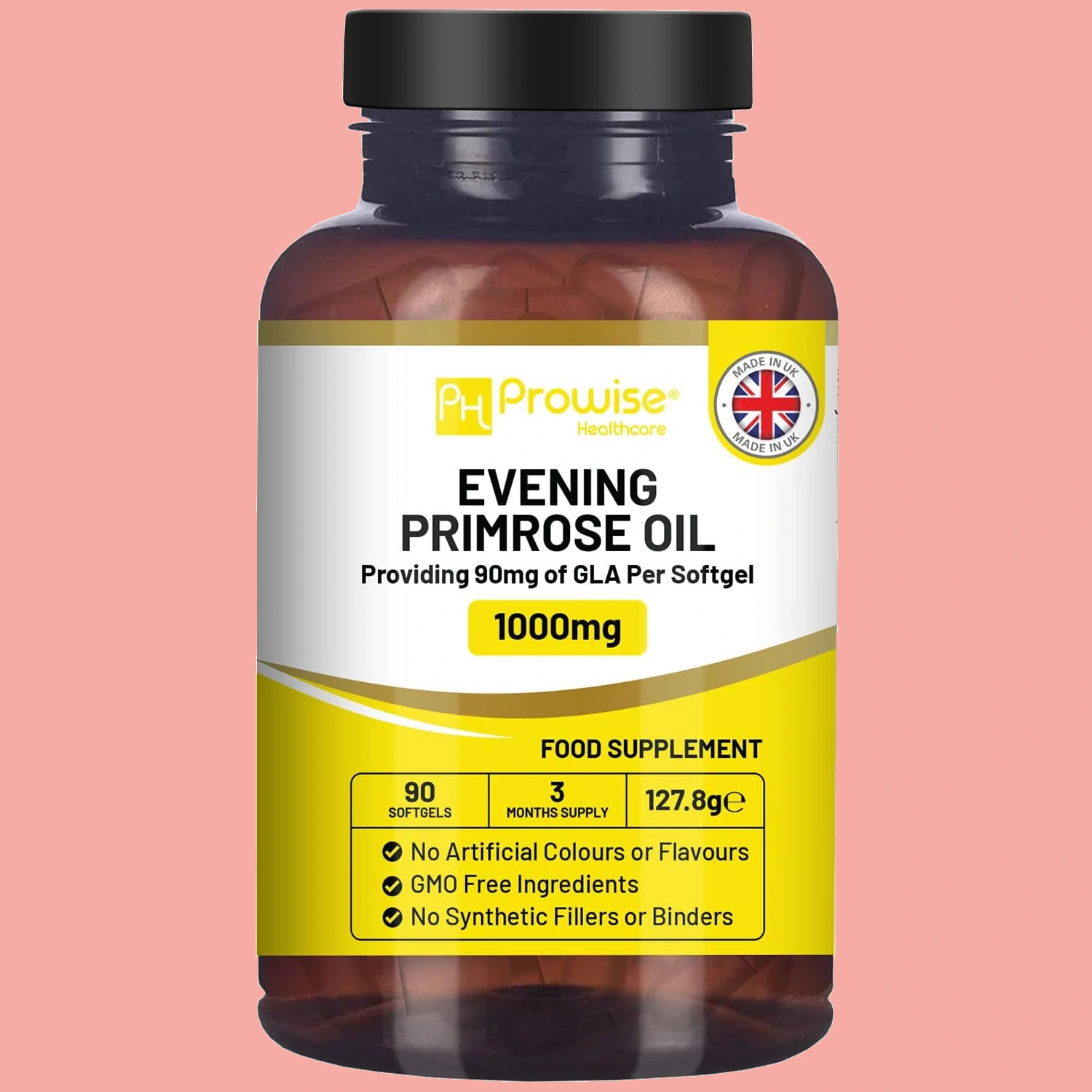 Bottle of Evening Primrose oil capsules displayed on a neutral background, ideal for hormonal acne treatment.
