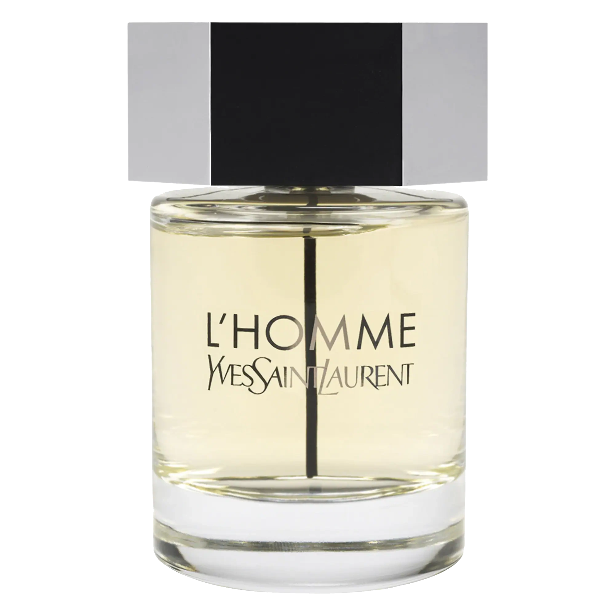 A luxurious glass bottle of L'Homme by Yves Saint Laurent on a minimalist backdrop, reflecting the perfume's timeless appeal.