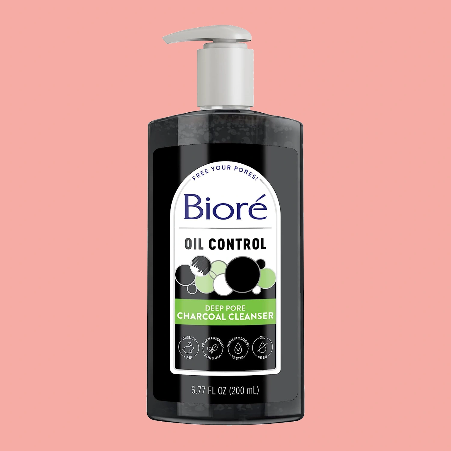 A bottle of Biore Deep Pore Charcoal Cleanser on a pink background