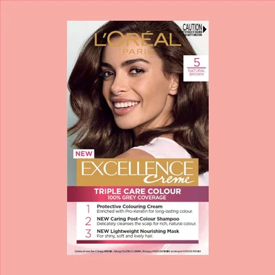 "Image of L'Oréal Paris Excellence Permanent Hair Dye in Brown 5.0. Focus keyphrase: Strengthening & Up to 100% Grey Coverage"
