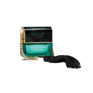 Elegant bottle of Marc Jacobs' Decadence with a dark green, python-textured surface and gold chain.