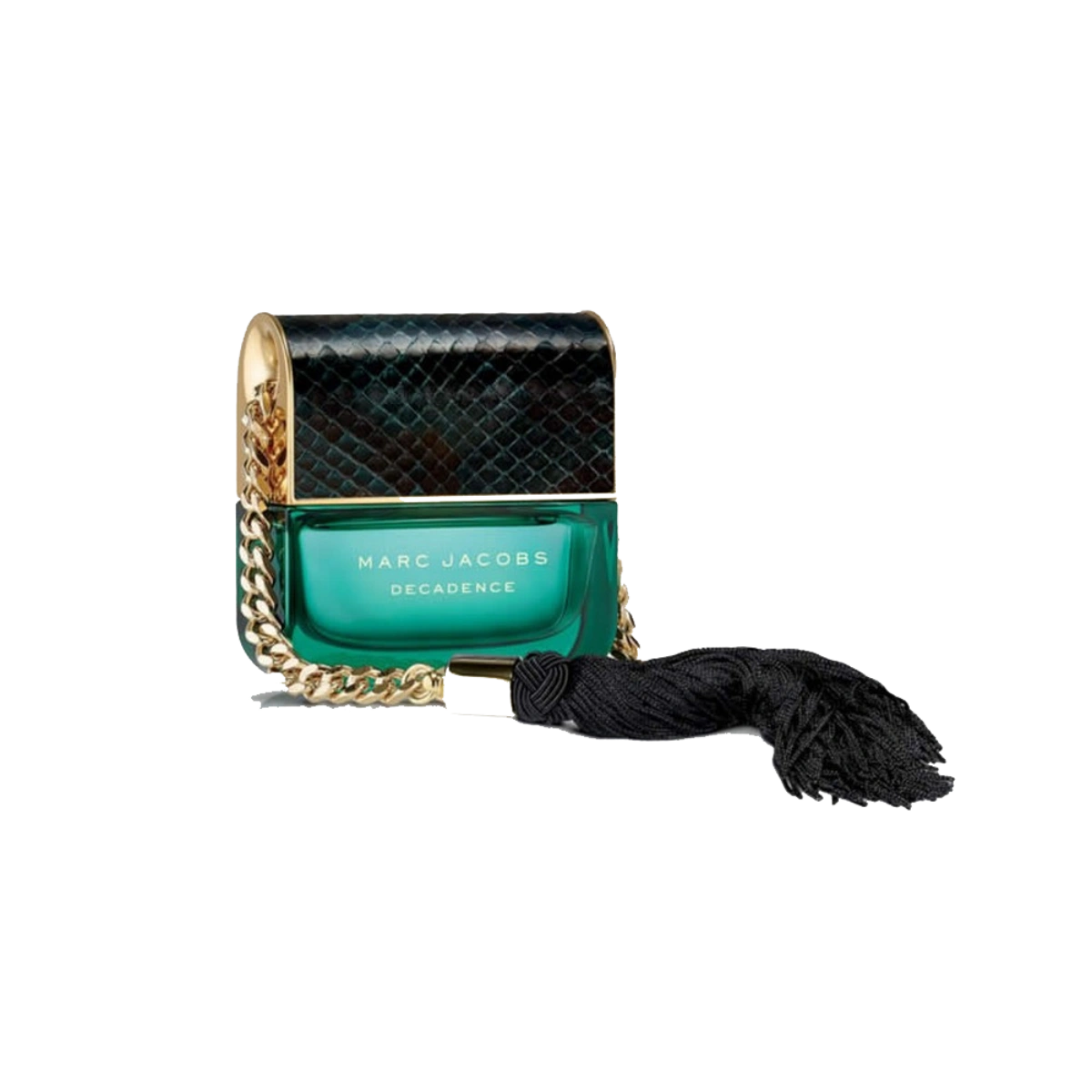 Elegant bottle of Marc Jacobs' Decadence with a dark green, python-textured surface and gold chain.