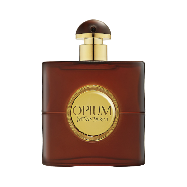 A bottle of Opium by Yves Saint Laurent perfume, elegantly positioned against a dark background to accentuate its iconic design