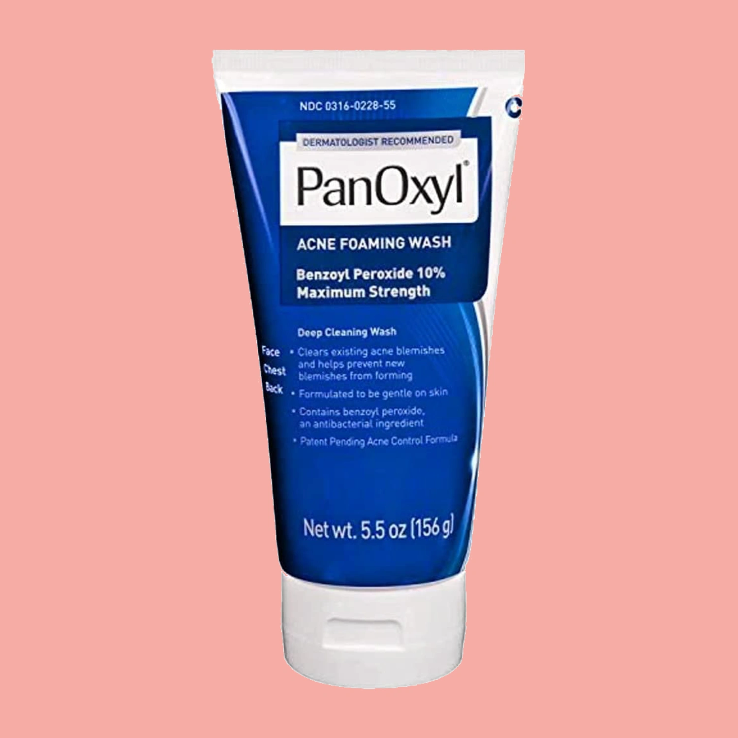 A bottle of PanOxyl Acne Foaming Wash on a neutral background