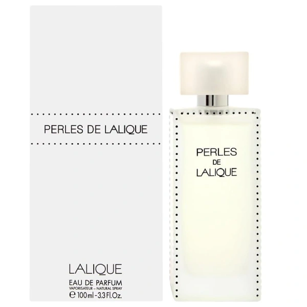 Close-up shot of Perles de Lalique perfume bottle, showcasing its ornate design and signature label.