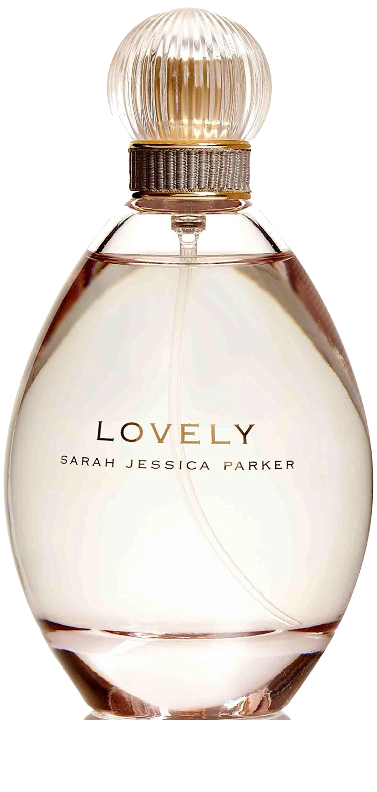 Close-up of a Sarah Jessica Parker Lovely perfume bottle on a chic vanity table, accented by soft lighting and floral decor.