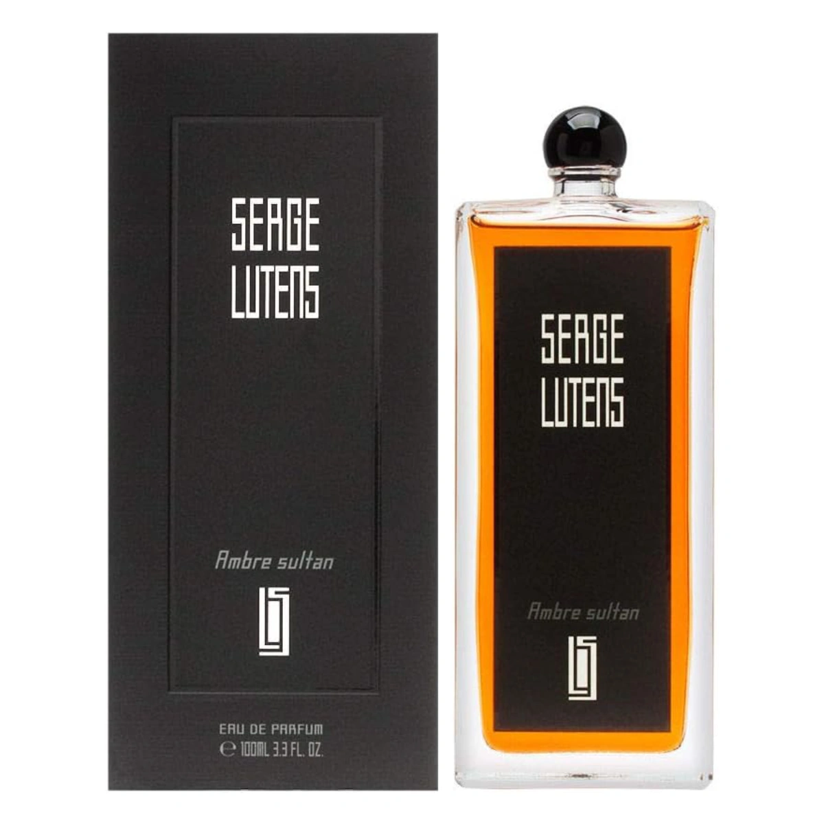 A bottle of Serge Lutens Ambre Sultan perfume against a clean, white background