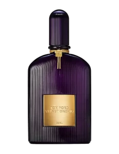 Tom Ford Velvet Orchid EDP in a dark plum-colored glass bottle with a golden plate, displayed on a vanity.