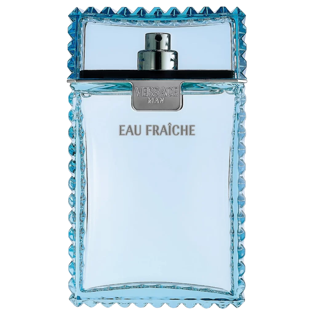 Versace Man Eau Fraiche blue glass bottle with silver cap on a white background