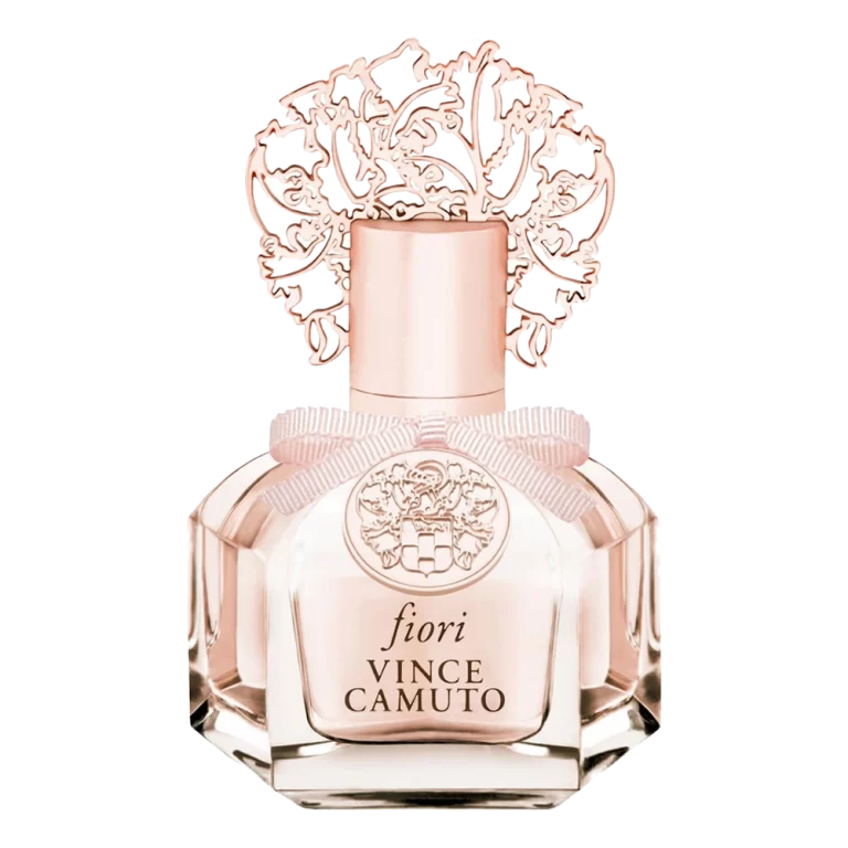 Close-up of Vince Camuto Fiori Eau de Parfum bottle against a soft floral background.