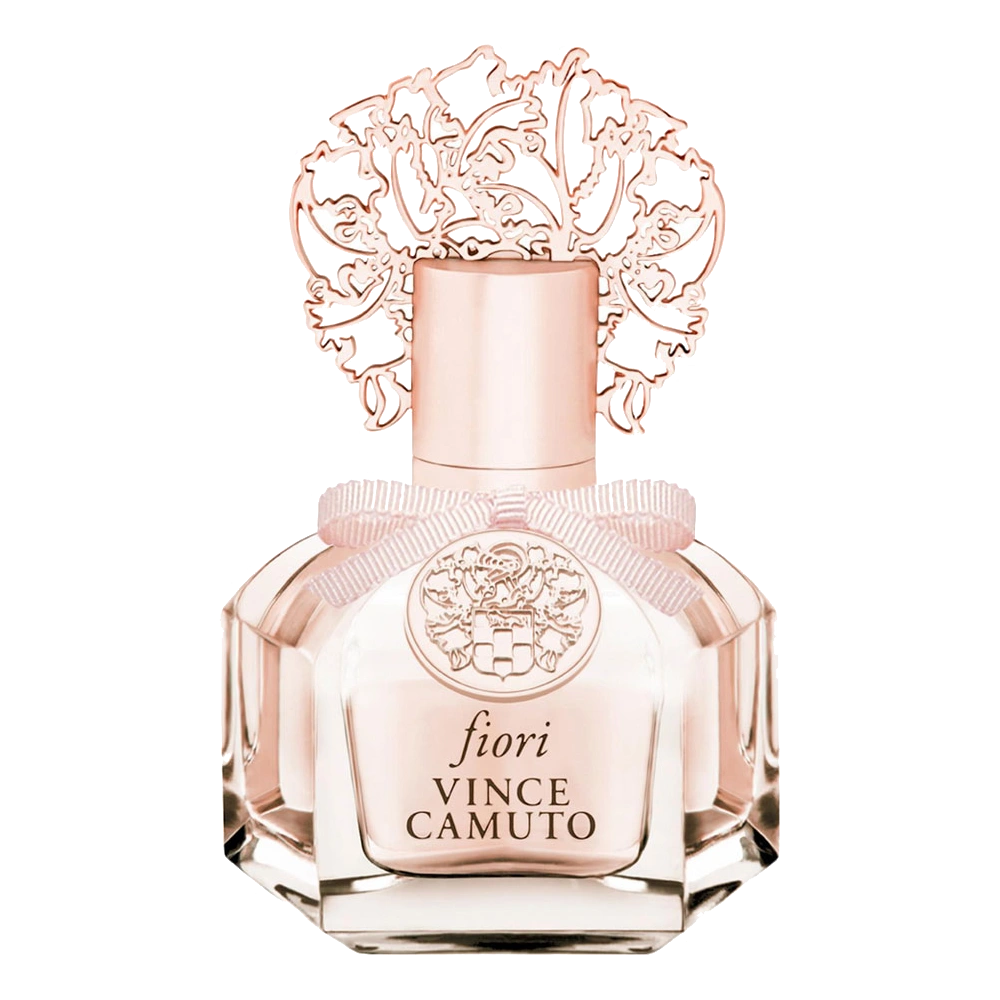 Close-up of Vince Camuto Fiori Eau de Parfum bottle against a soft floral background.