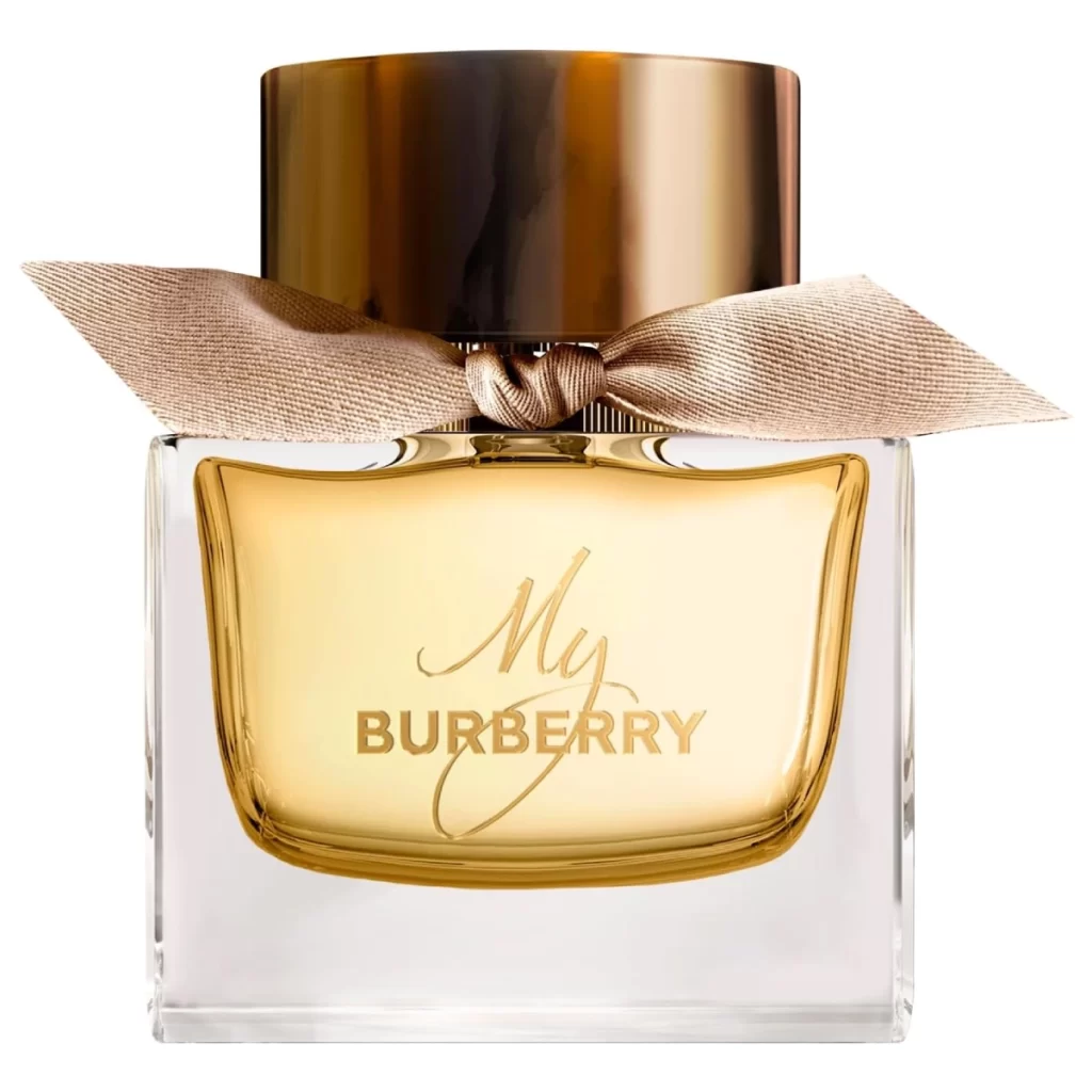 A picture of the elegantly designed Burberry My perfume for Women bottle on a light background.