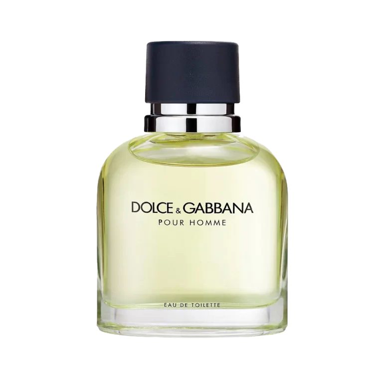 Bottle of Dolce&Gabbana Pour Homme on a wooden table with a dark, elegant background