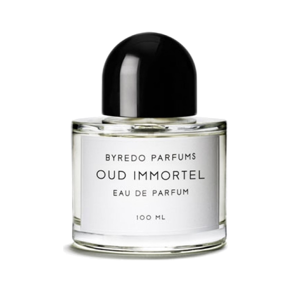 A sleek bottle of Oud Immortel Eau de Parfum set against a dark background, symbolizing its warm, woody, and oriental notes.