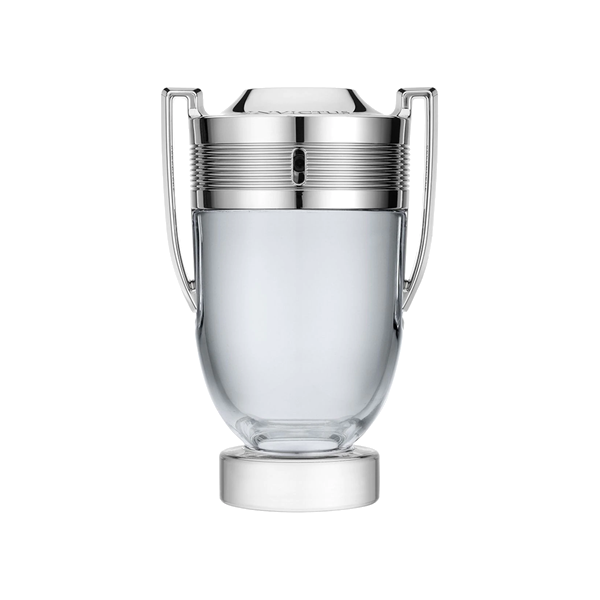 Bottle of Paco Rabanne Invictus perfume on a sleek black background, reflecting the light in a manner that emphasizes its trophy-like design.